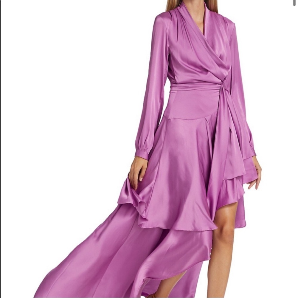 PatBO High Low Satin Wrap Gown Long Sleeve Maxi Dress